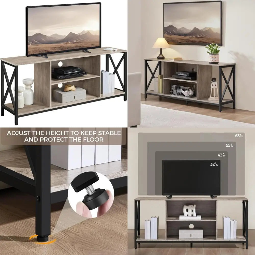 Wood tv stand for 55-65 inch tvs entertainment center with storage shelves living room - united states / grey