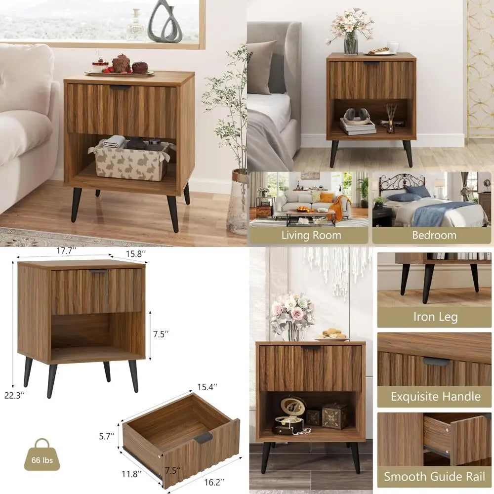 Contemporary fluted nightstand: natural wood with drawer and open shelf - united states / brown