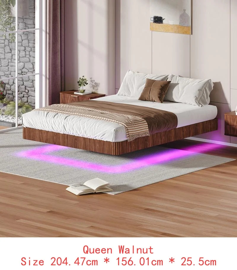 Walnut floating bed frame with led lights wave curve wood texture heavy duty metal slats no box spring required stylish