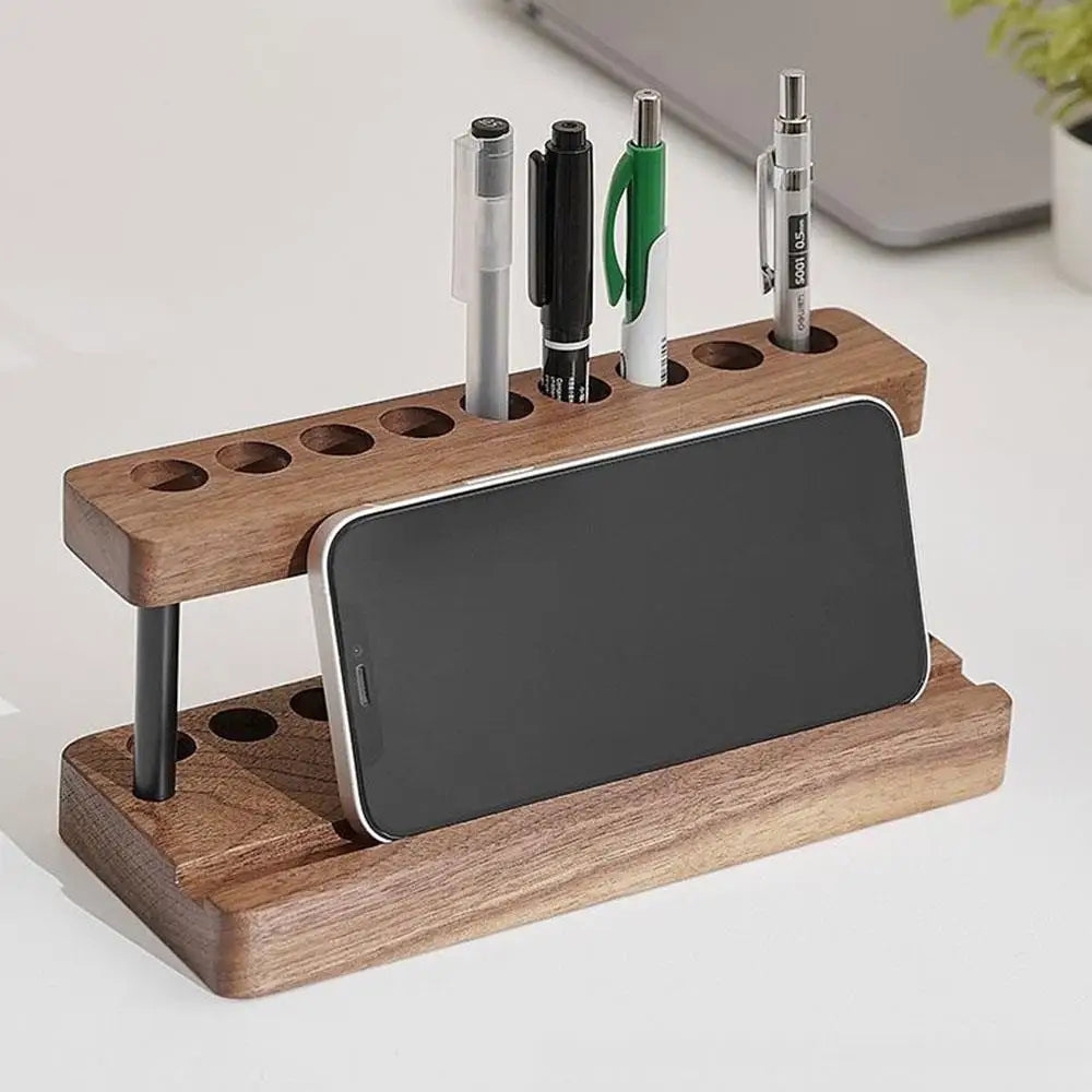 1pc walnut wood pen holder desk organizer phone stand storage retro wooden stationery - wooden