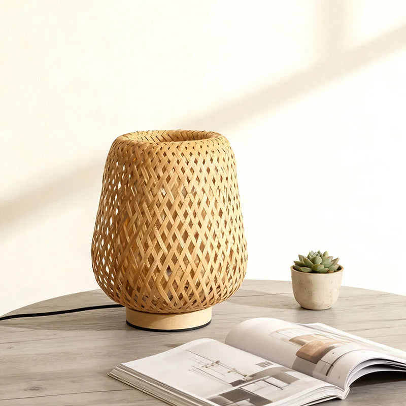 Bamboo table lamp handmade wooden bedside vintage living room decoration night light for bedroom camping desk