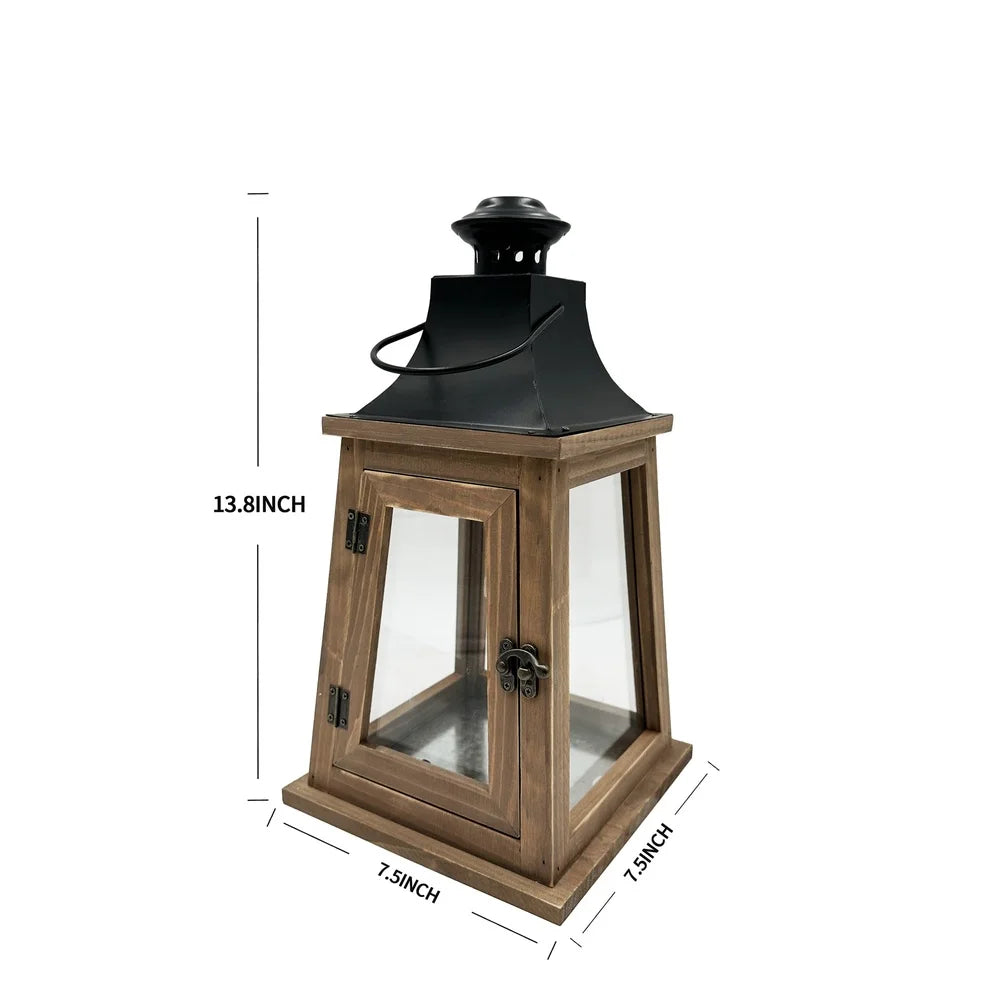 2 pack rustic wood metal lantern candleholder decorative light holder indoor use with clear glass windows pillar