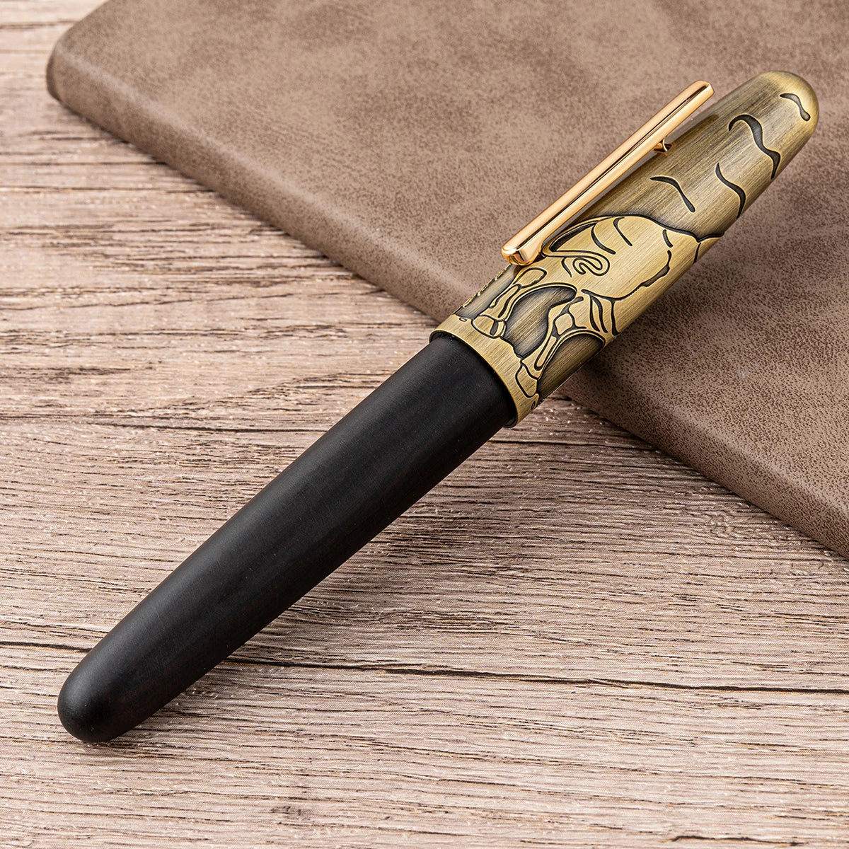 Jinhao wooden fountain pen ef/f/m nib 9056a bull embossed handmade metal writing office gift - brass / ef