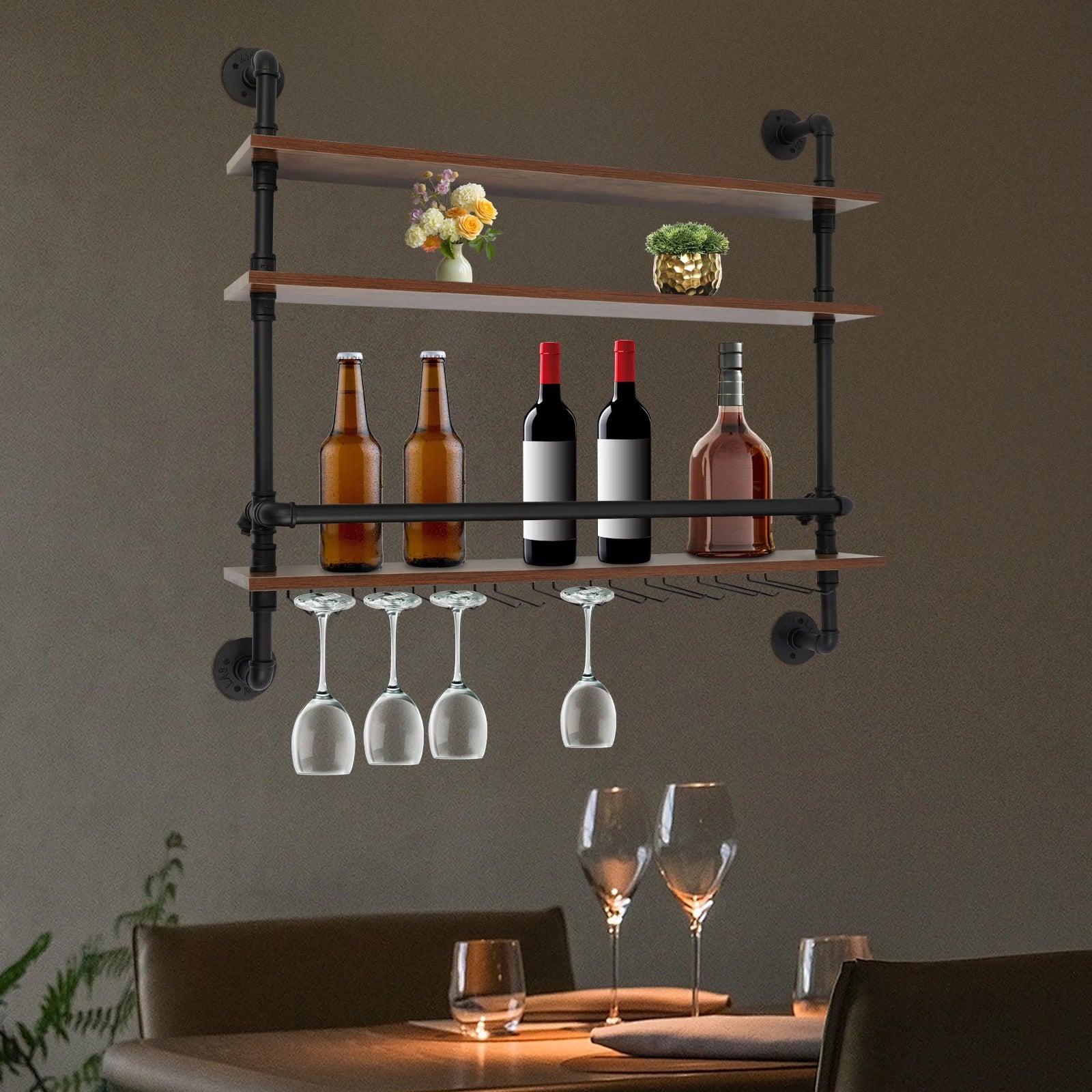 Industrial 3-tier wall mounted wine rack with glass holders guard rails iron wood for bottle storage floating shelves