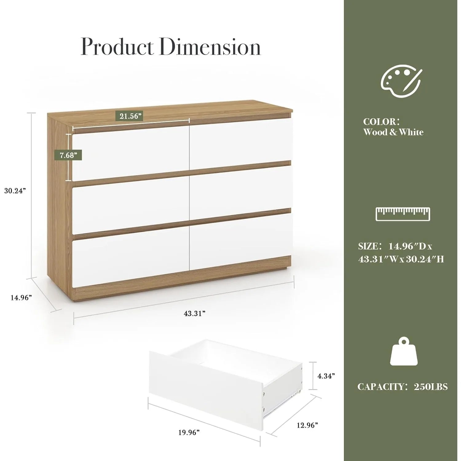 6 drawer double dresser for bedroom white wooden dressers with deep drawers modern chests of drawers, - natural
