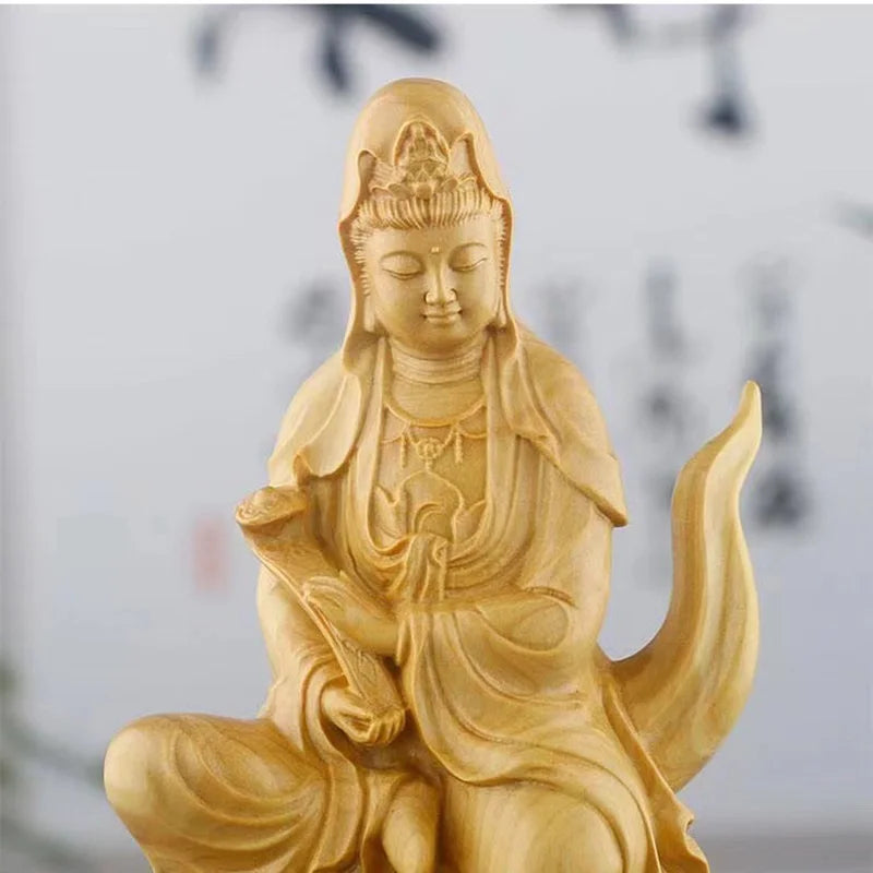Natural cypress guanyin decorative figures statue solid wood carved chinese buddha statues home room office feng shui