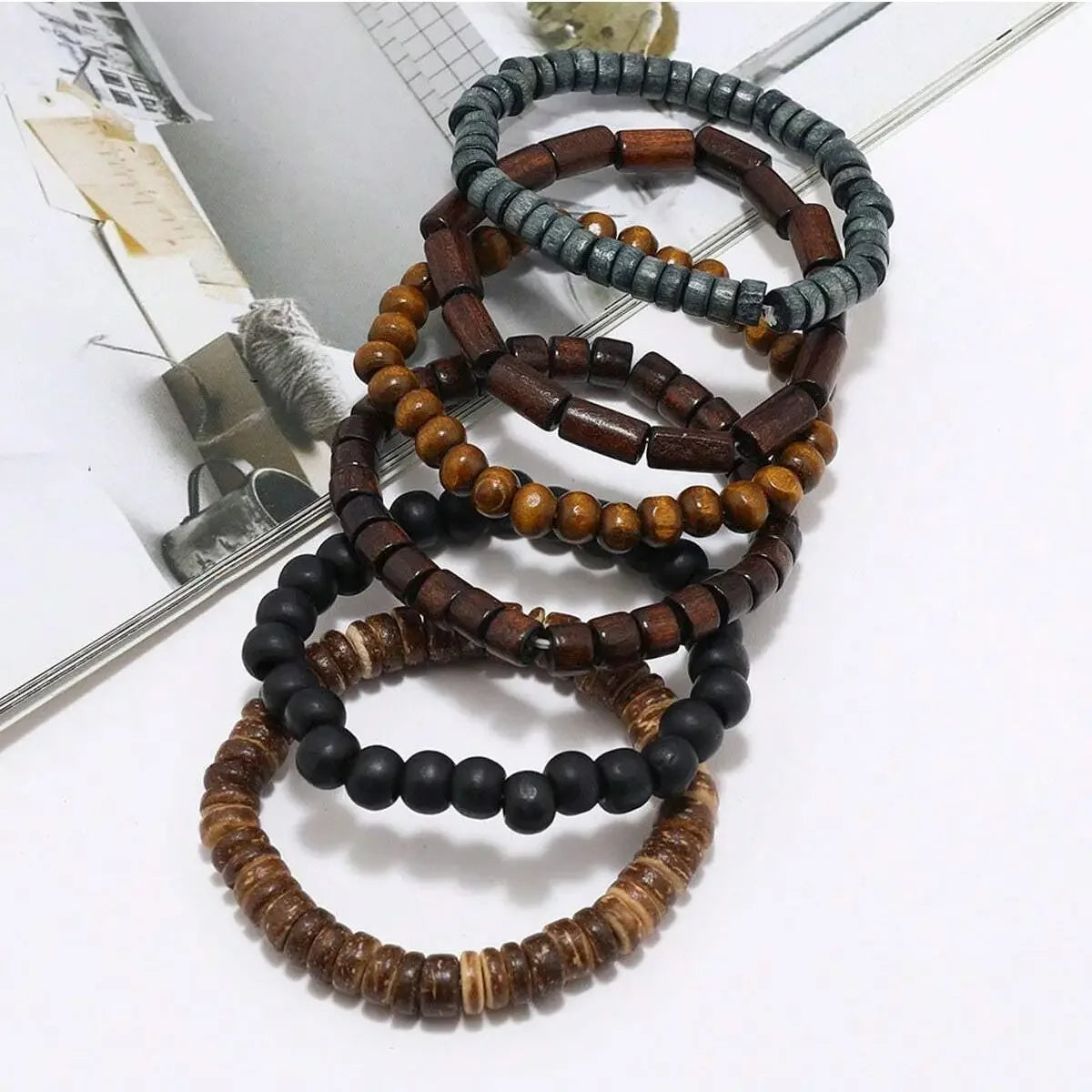 6pcs wodeen braided wrap leather bracelet for men vintage life wood beads fashion male armband - united states / 6pcs