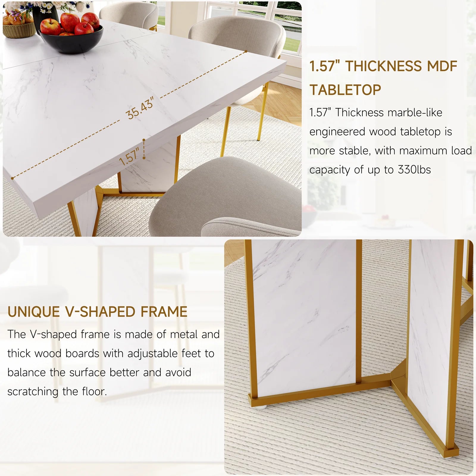 71 inch rectangular dining table for 6 to 8 people white marble wooden kitchen large dinner with gold - united states