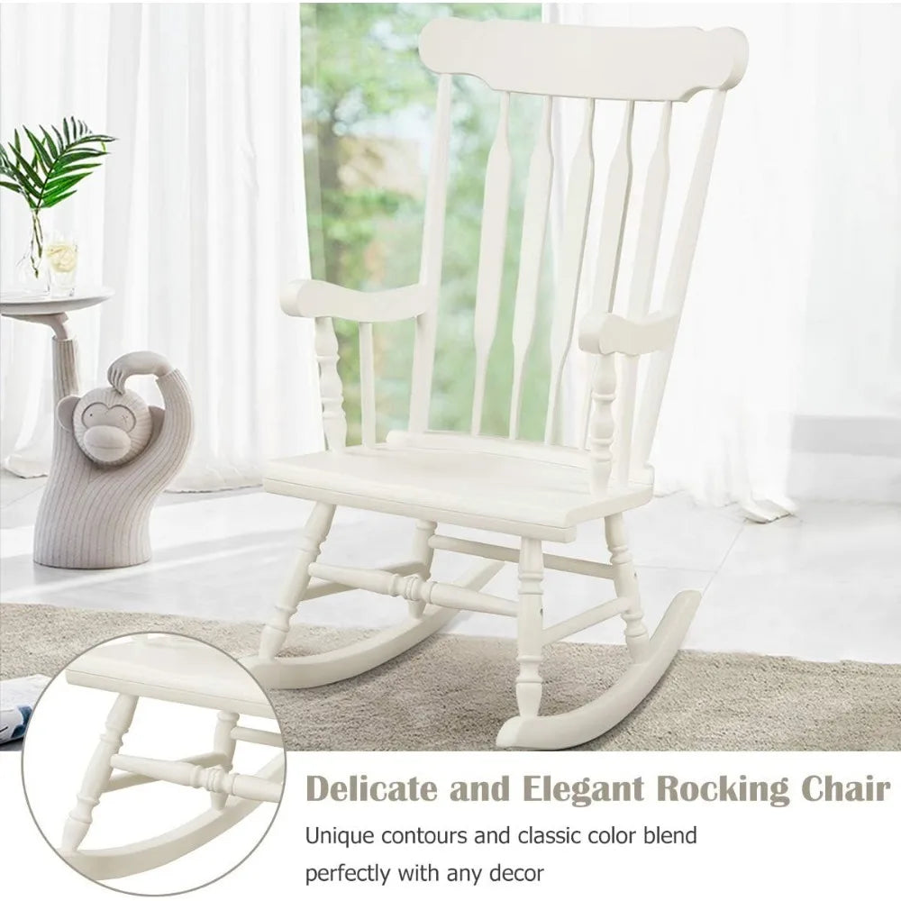 Outdoor wood rocking chair - patio with solid rubber frame slat back outside & indoor rocker for garden p