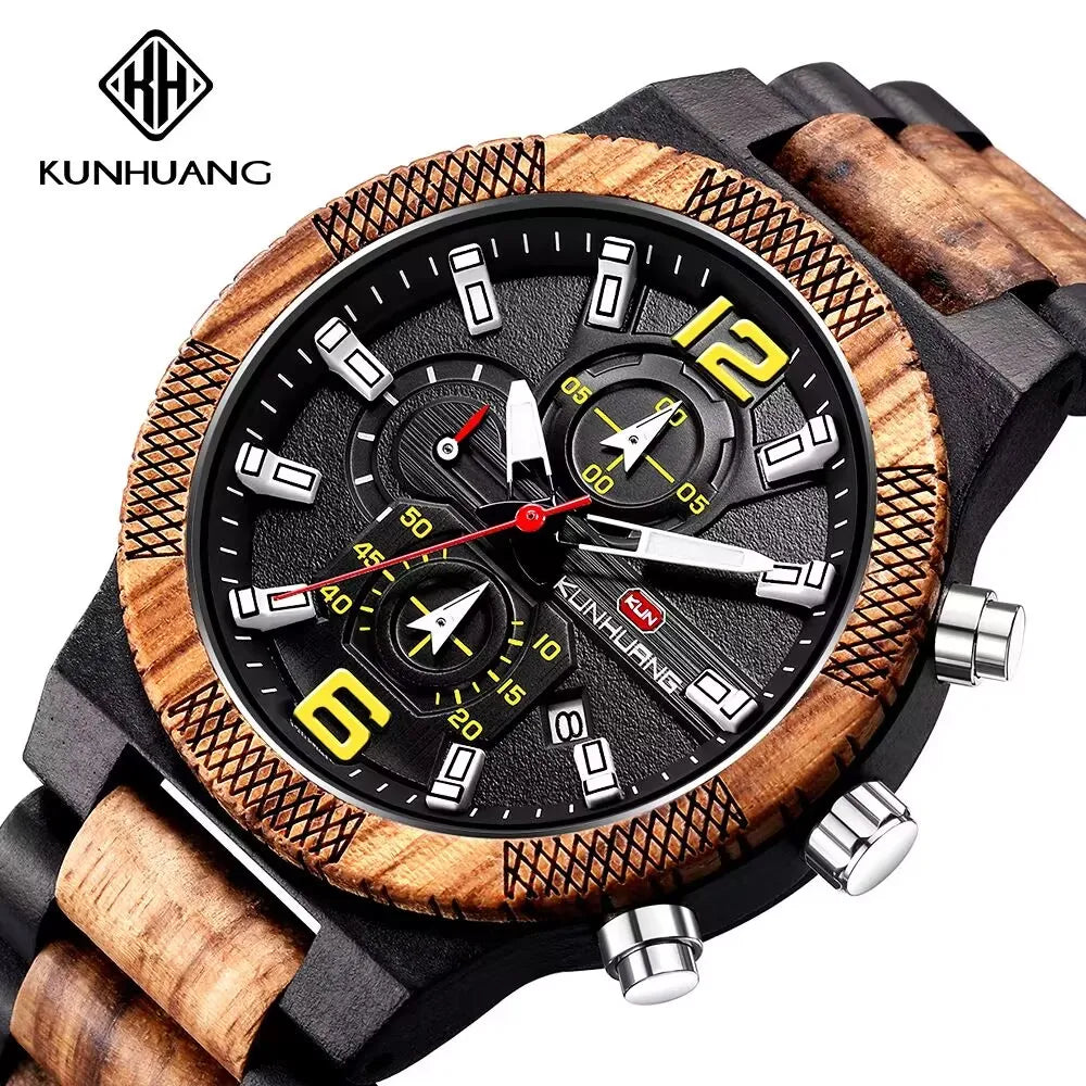 Men’s wood watches luxury luminous multi-function wooden watch quartz retro men fashion sport timepieces relogio