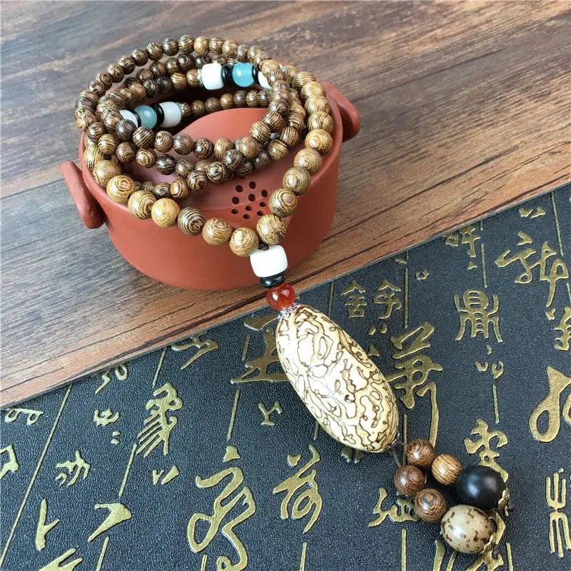 Chinese style minimalist wooden necklace long buddha bead sweater chain versatile personalized pendant men’s