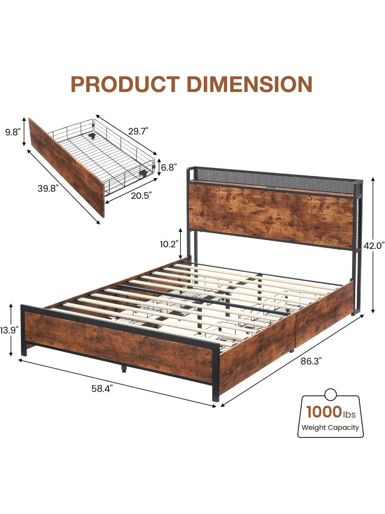 Queen size bed frame with storage headboard and 4 drawers led lights metal platform charging station matt - united