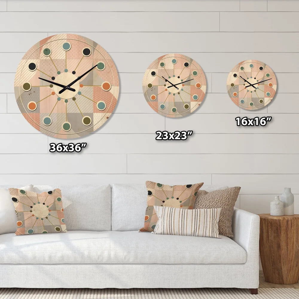 Mid-century modern wood wall clock geometric round textured pattern unique art natural pine ready to hang battery
