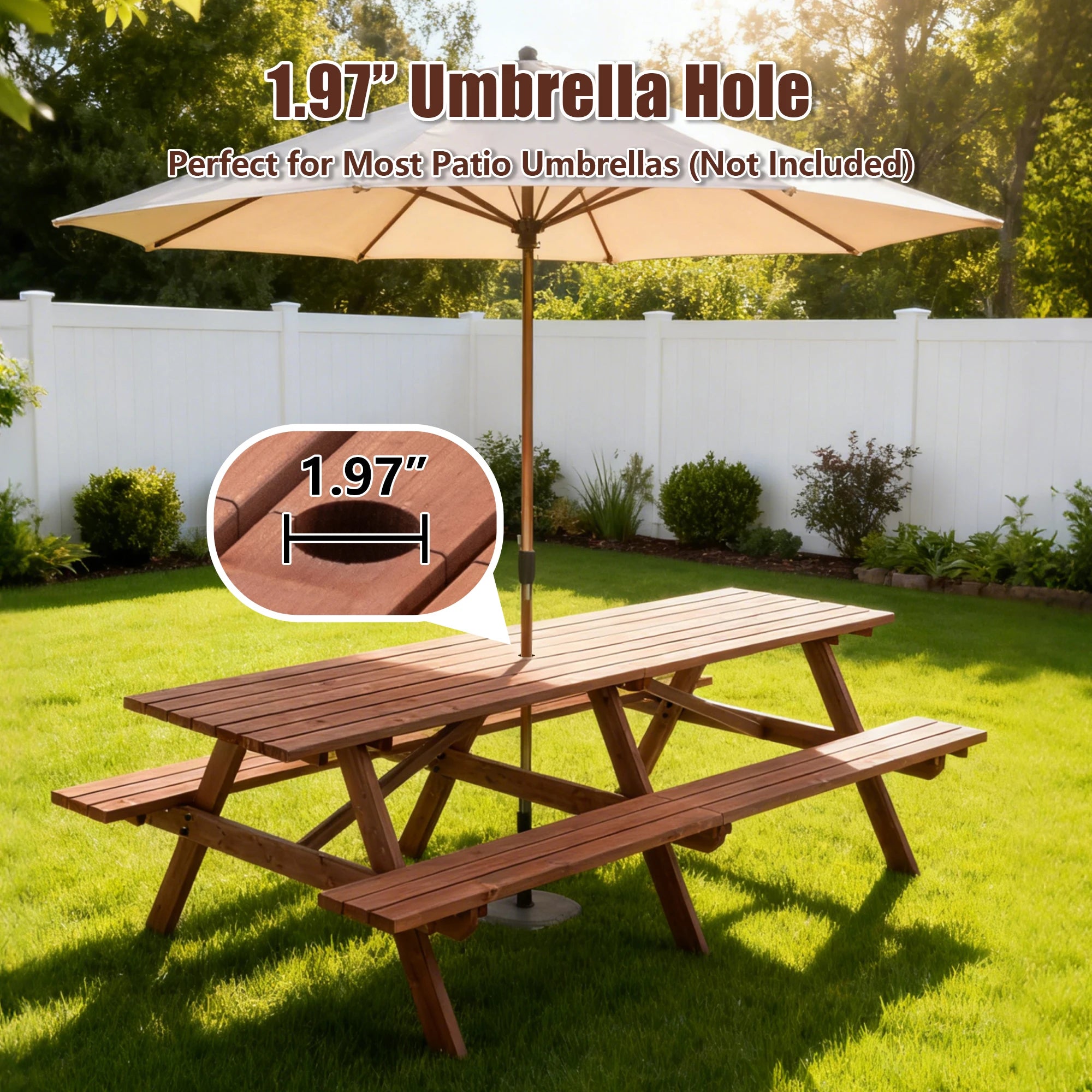 Large 12-person wooden picnic table outdoor weatherproof w/ umbrella hole ideal for bbq & gatherings - chocolate