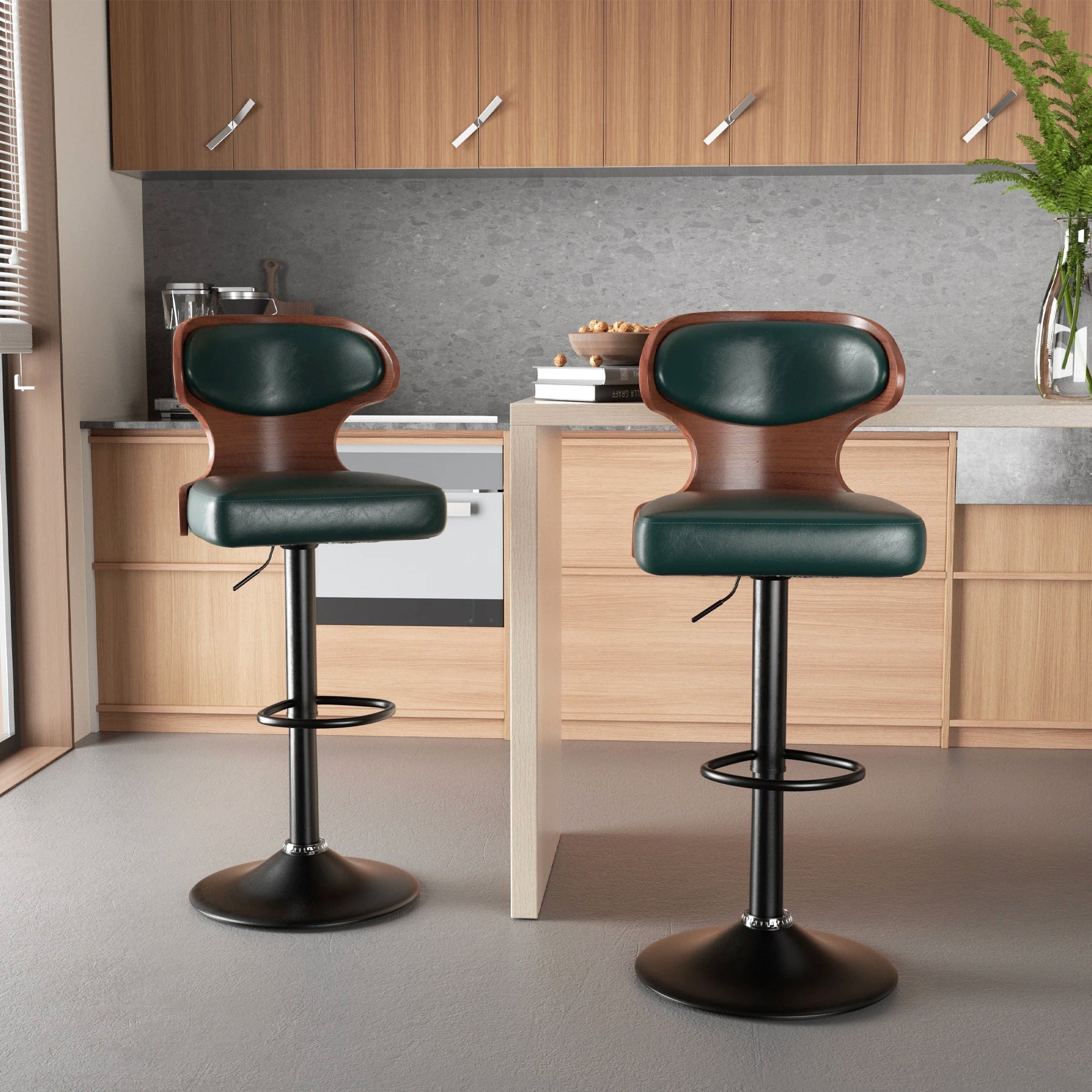Bar stool 2pcs set backrest footstool dining chair solid wood rotating stools pu leather soft cushion dinng home