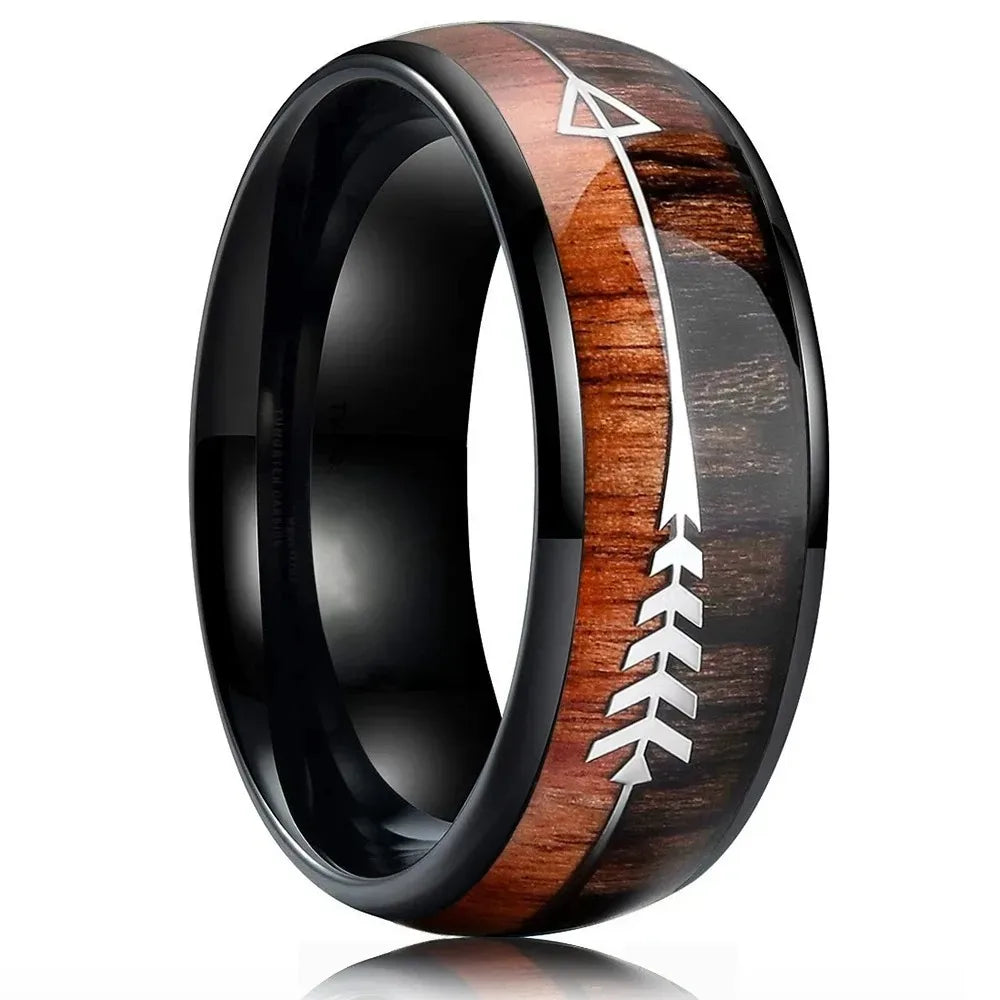 Fashion 8mm black stainless steel arrow rings for men hawaiian koa wood inlay wedding band jewelry wholesale - s31