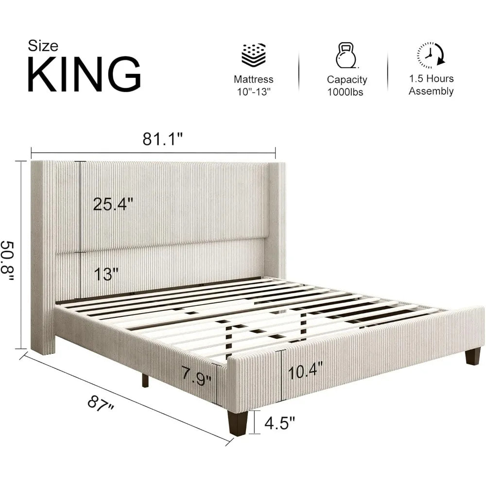 King size upholstered platform bed frame wingback with 50.8 headboard corduroy/solid wood leg/no box spring needed/no