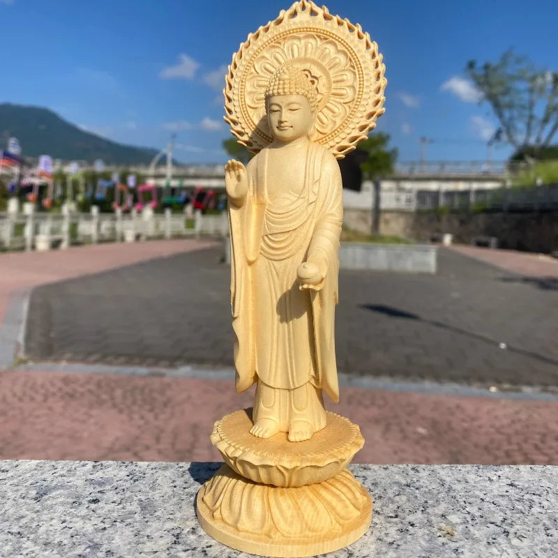 Finely carved wooden medicine buddha statue home altar decoration spiritual art craft for religious gifting - 21cm