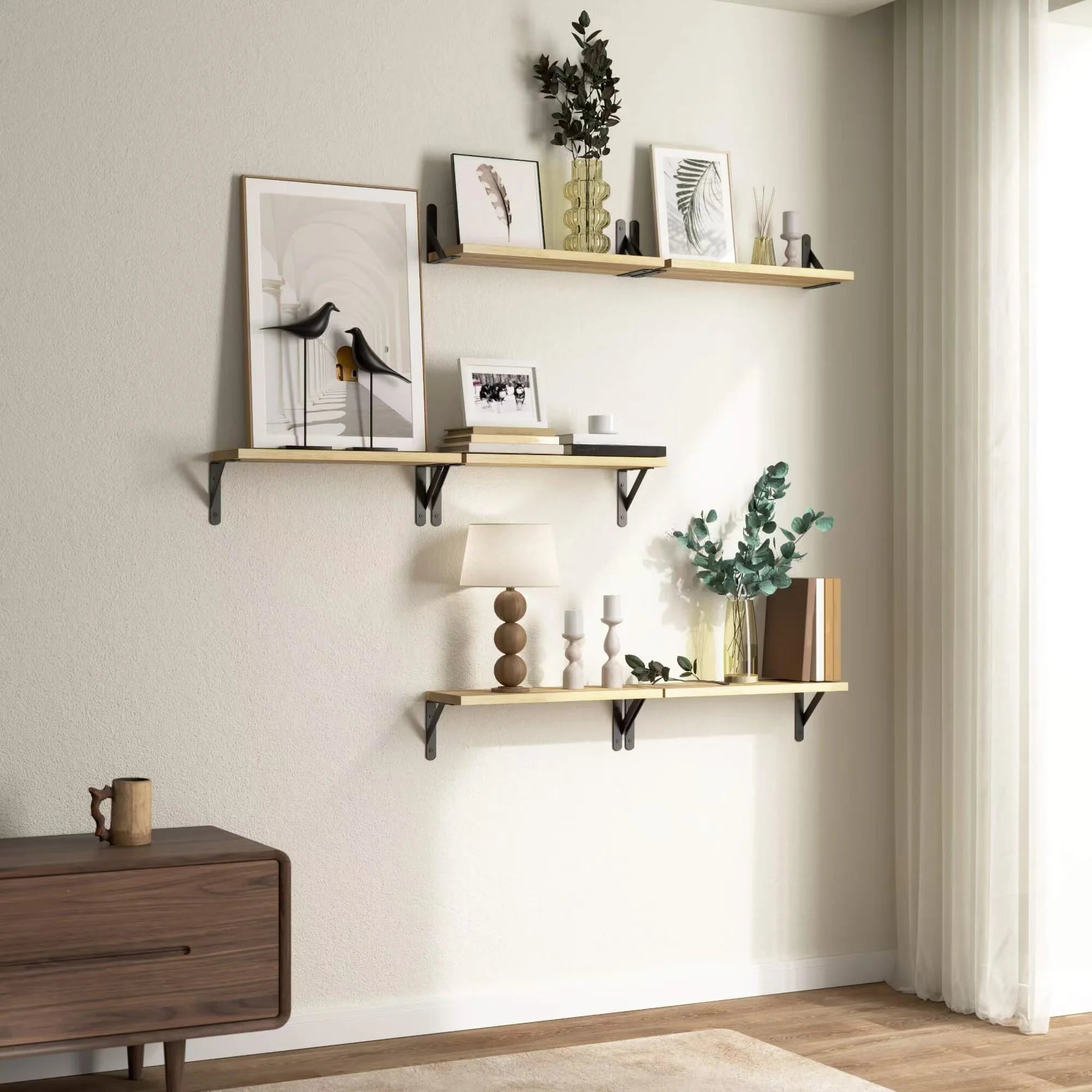 Rustic floating shelves for wall farmhouse wood shelf decor mounted room sets of 6 hanging storage