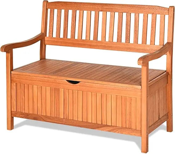 Wooden outdoor storage bench with removable lining and portable handle for deck entryway - united states / natural