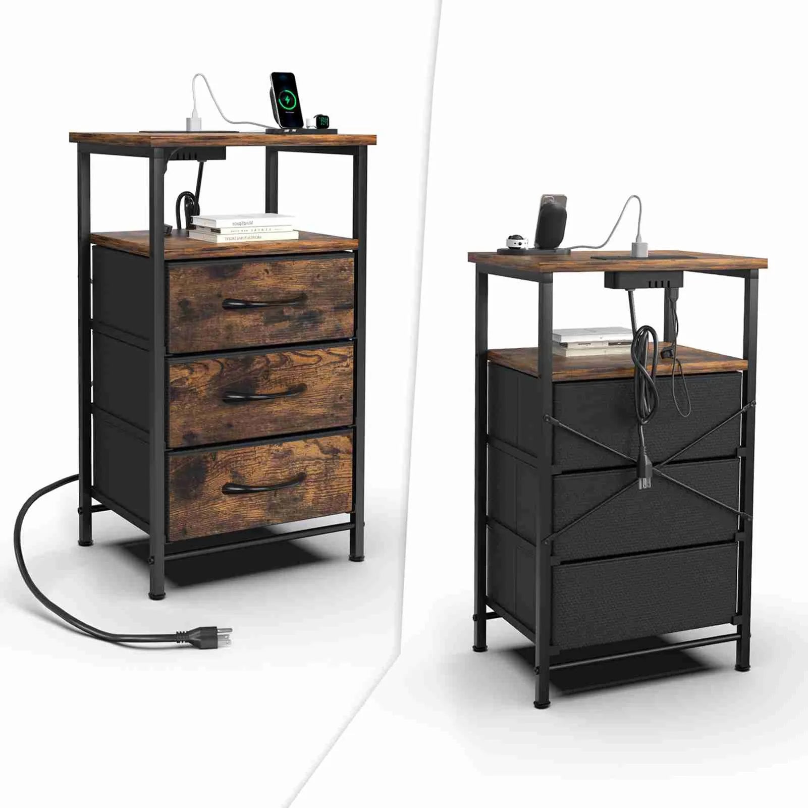 Bedside table brown color multifunctional iron and triamine plate nightstand side for living room bedroom - united