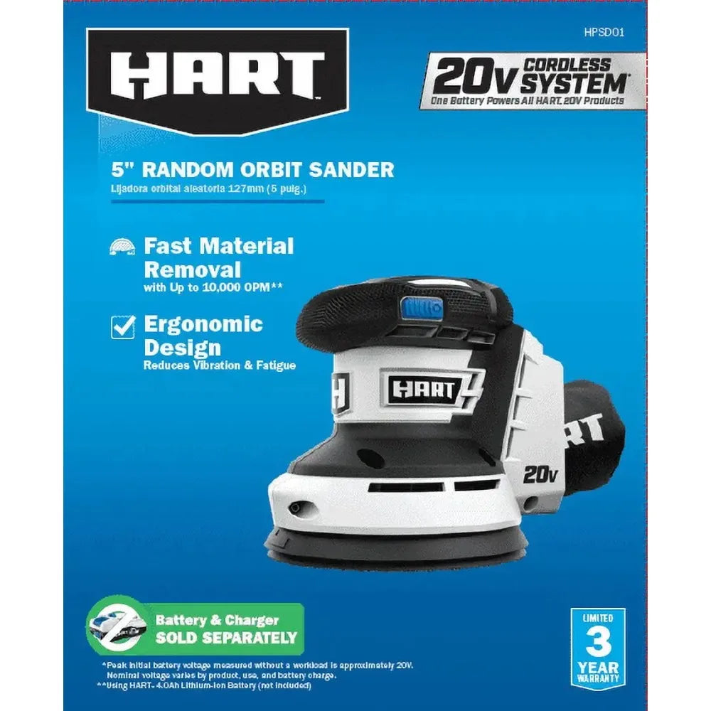 Hart 20v random orbit cordless sander electric power tool with dust bag for woodworking sanding home projects - only