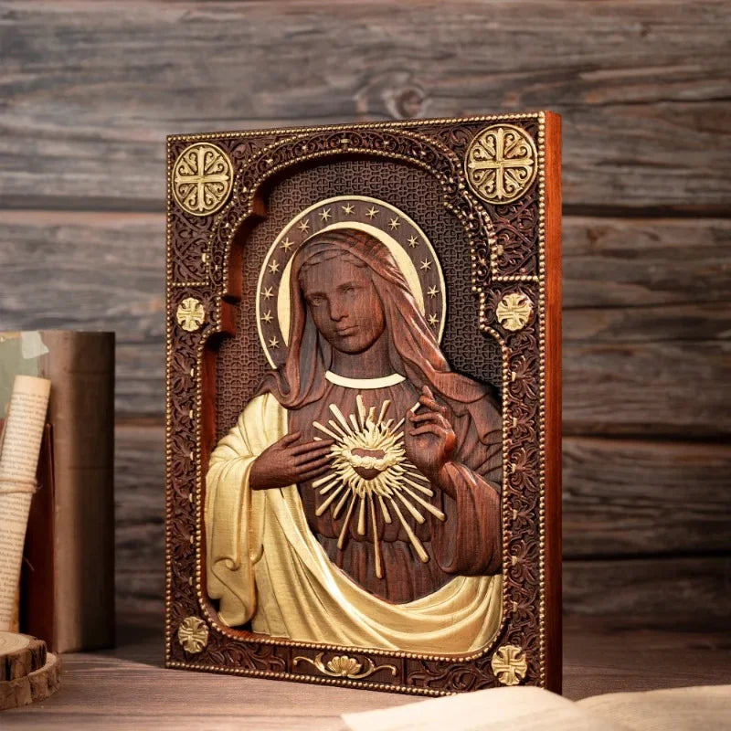 Vintage religious church virgin mary sacred heart wood sculpture catholic saint image home decoration - (christian)