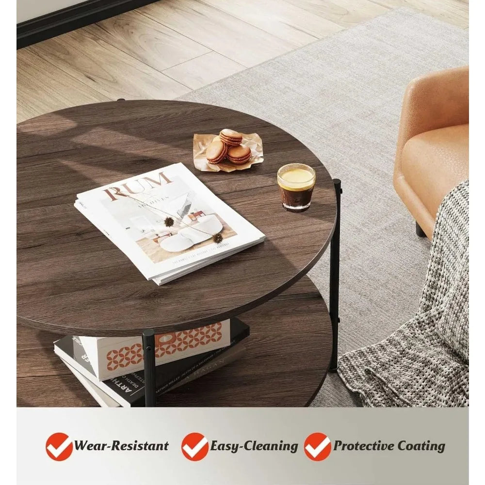 Round coffee table for living room 32.6’’ small with open storage shelf 2-tier industrial circle wood center tabl