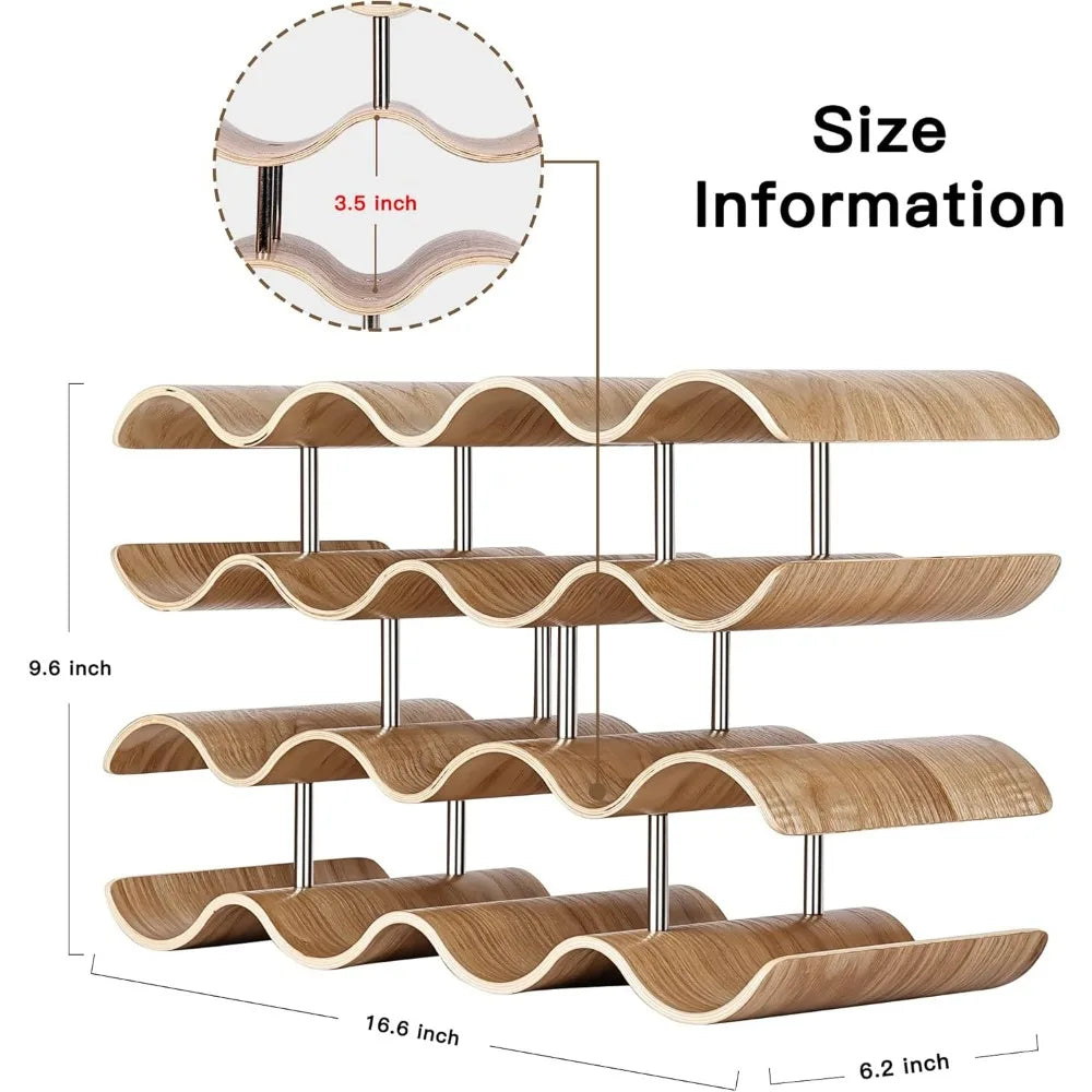 Four-tier freestanding wooden wine rack for 14 bottles - wavy design storage organizer - united states / wood - wine