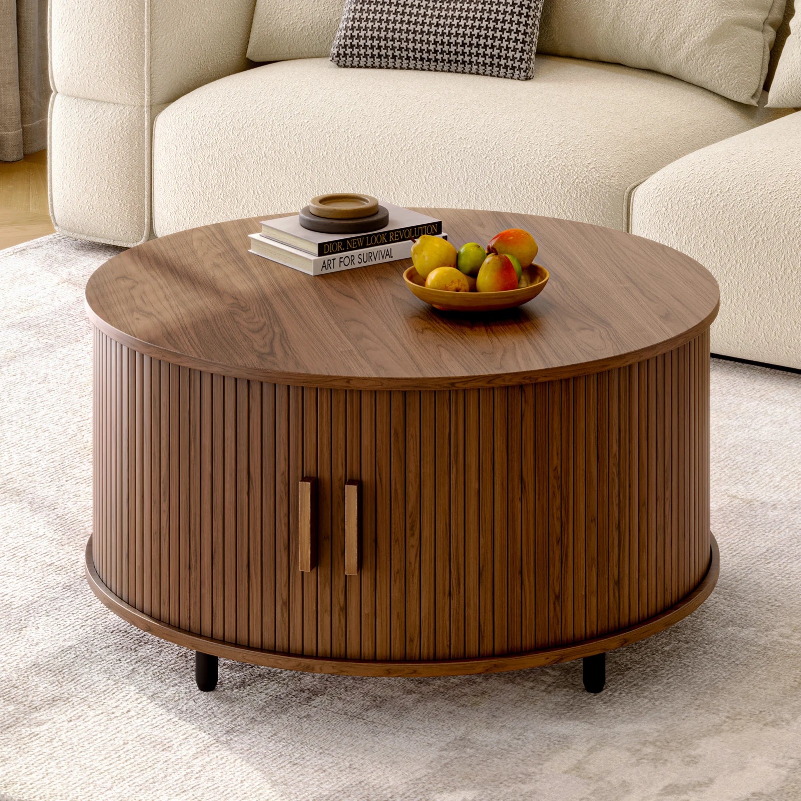 Round coffee table with storage,31.5’’ modern 360° curved sliding door,fluted wood accent tablee - black / united states