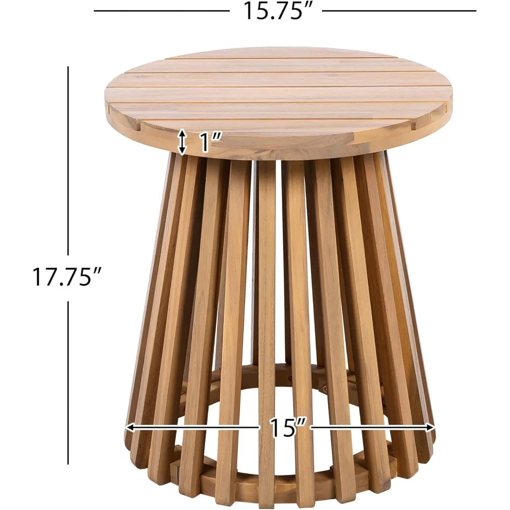 Acacia wood round patio coffee table with unique wooden base suitable for backyard and stylish indoor outdoor
