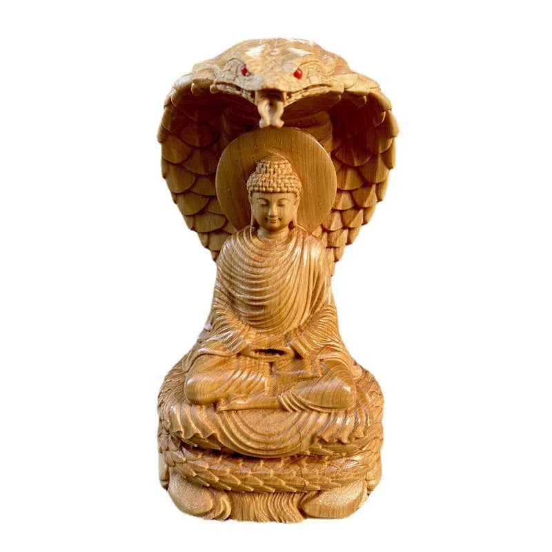 Snake buddha statue 4.72’’ cliff cypress wood carving protecting figurine living room ornaments home interior decor