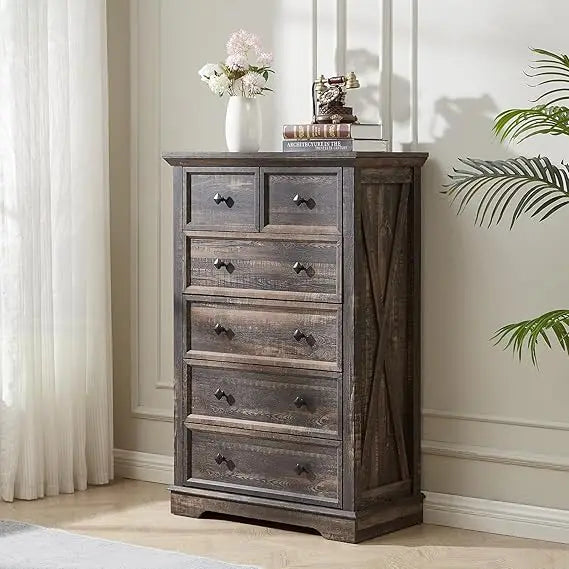 Farmhouse dresser for bedroom with 6 deep drawers modern tall chest of natural oak wood storage organizer d - united