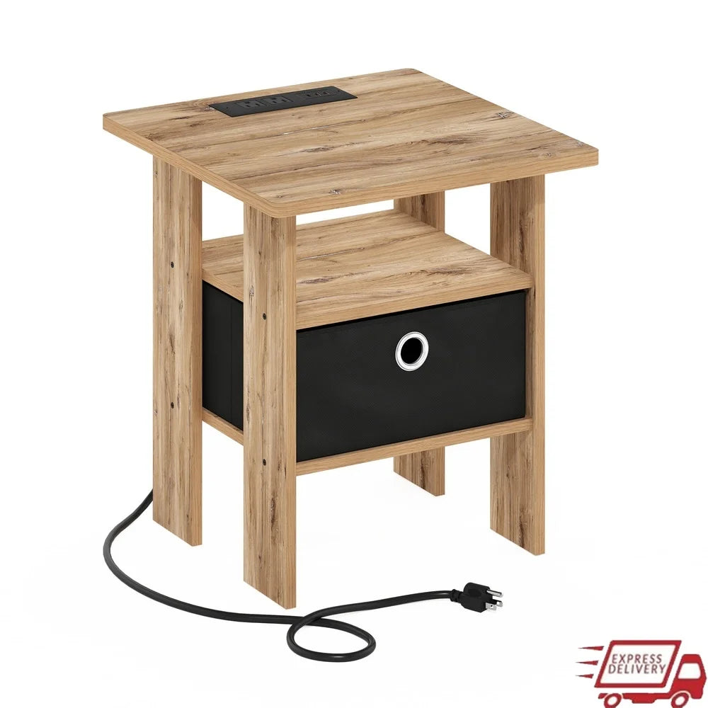 Usb type-c charging end table with storage basket nightstand living room bedroom modern design durable wood
