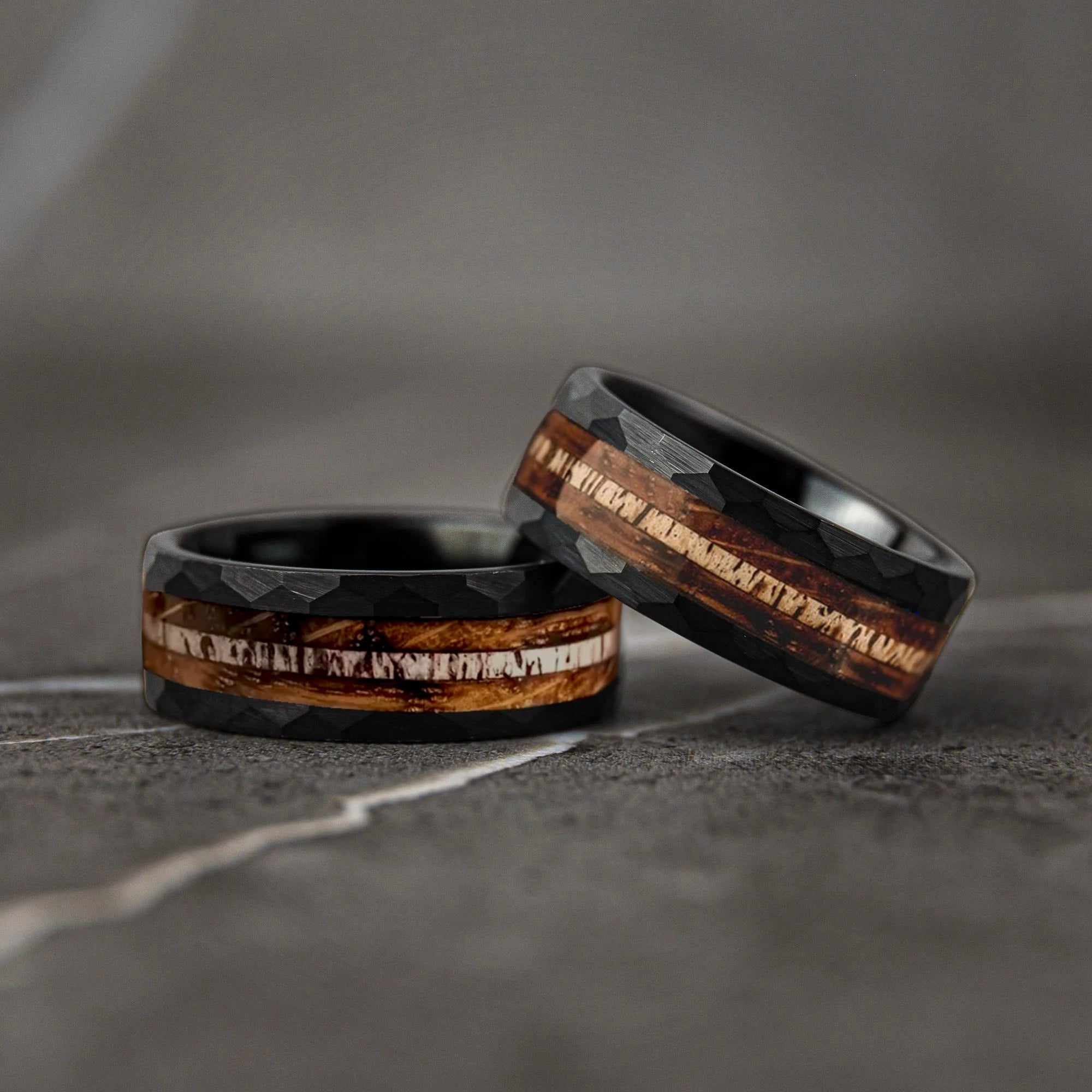 Fashion 8mm men stainless steel rings black brushed deer antler and koa wood for wedding band jewelry wholesale - ring