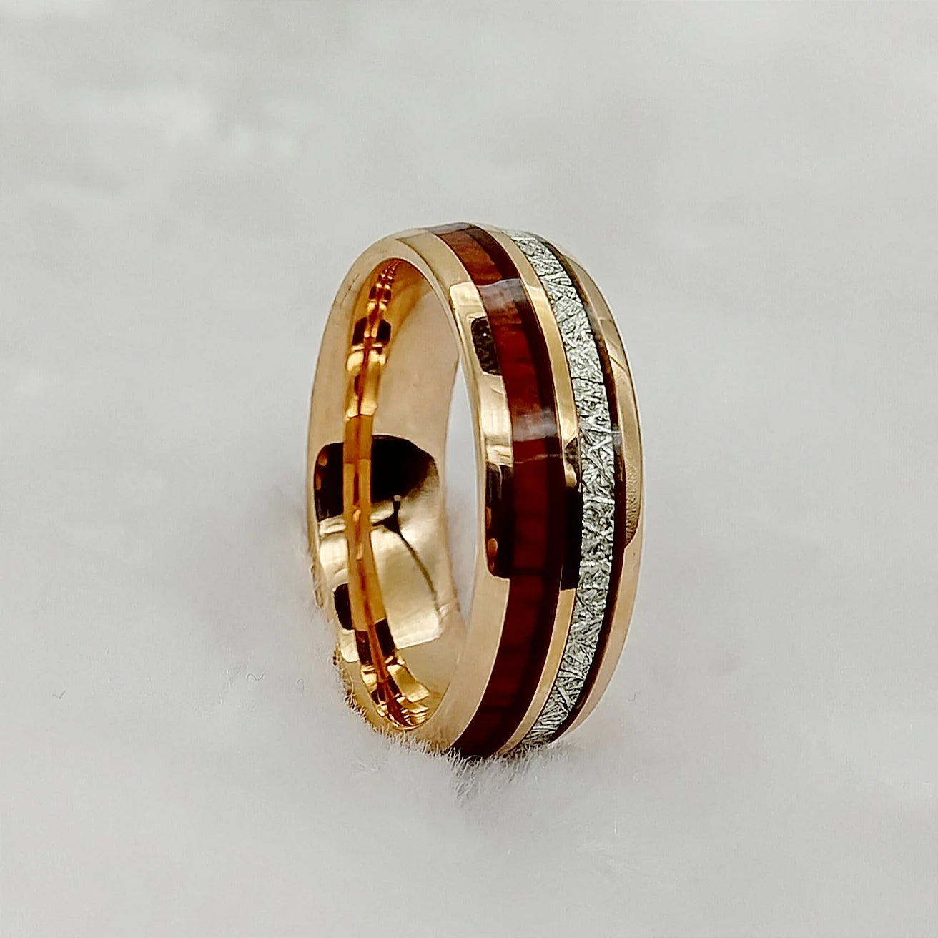 Designer high quality koa wood meteorolite 18k rose gold plated tungsten jewelry wedding band fashion rings for men