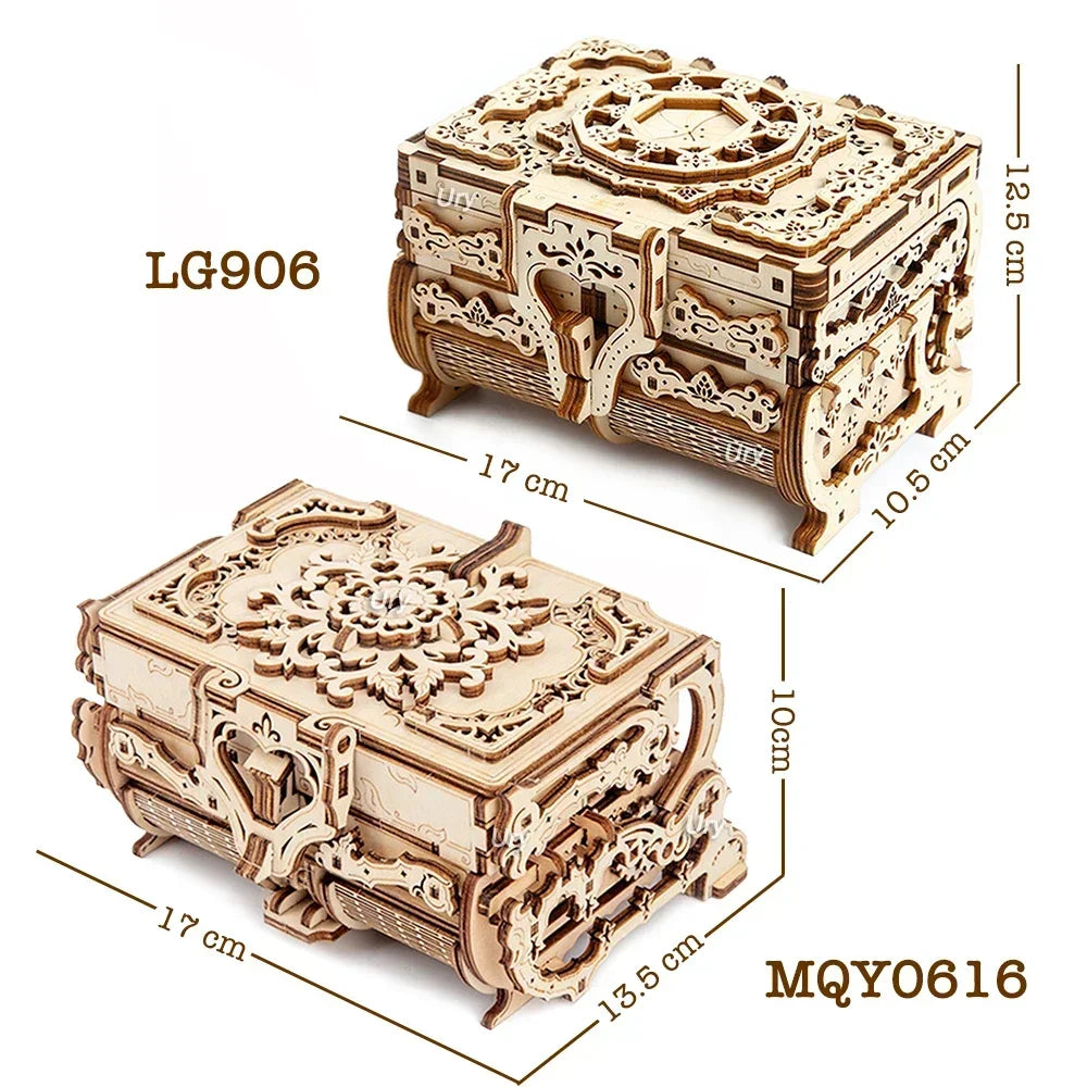 Ury 3d wooden puzzle antique treasure box dressing case diy game advanced assembly model toys creative gift for lady