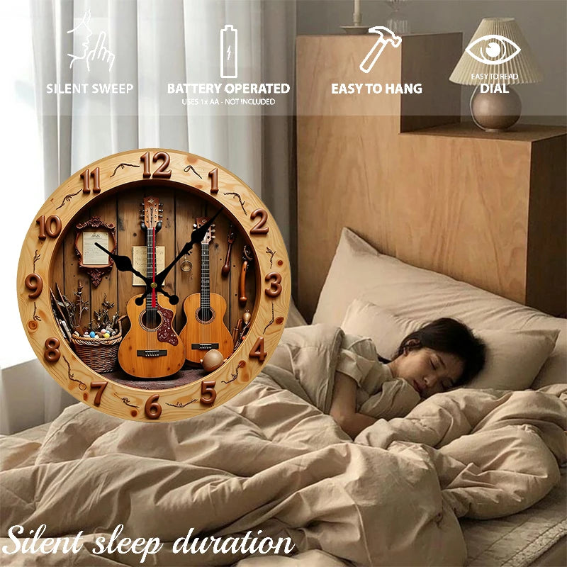Guitar & music wooden round silent hanging wall clock suitable for living room office study bedroom home decoration