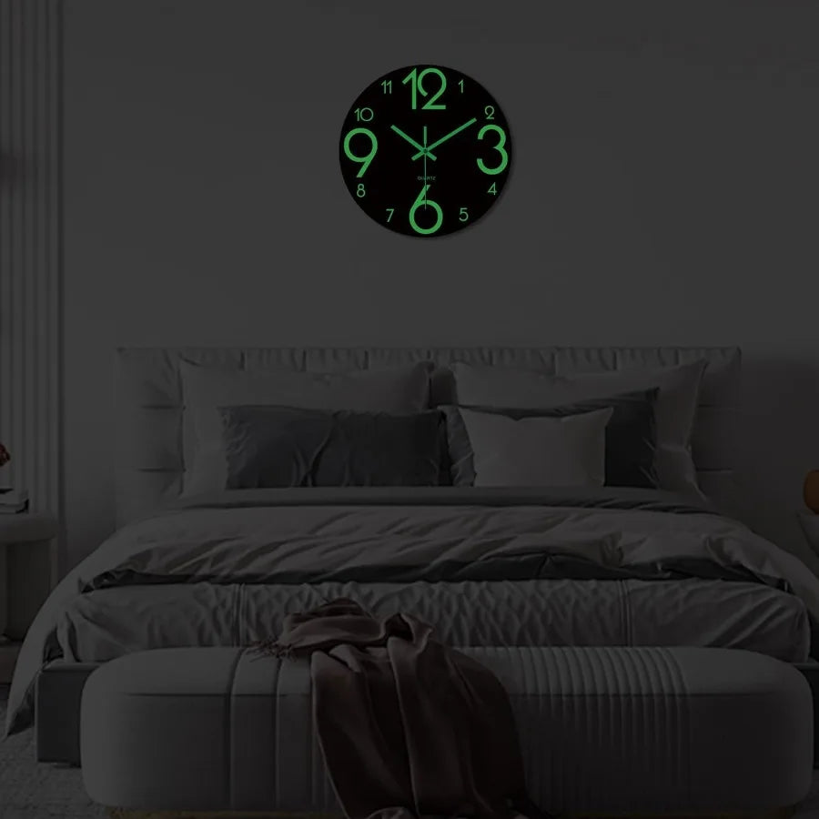 Glow in the dark clock 12 inch modern silent non ticking lumino wall clocks battery operated night light wooden