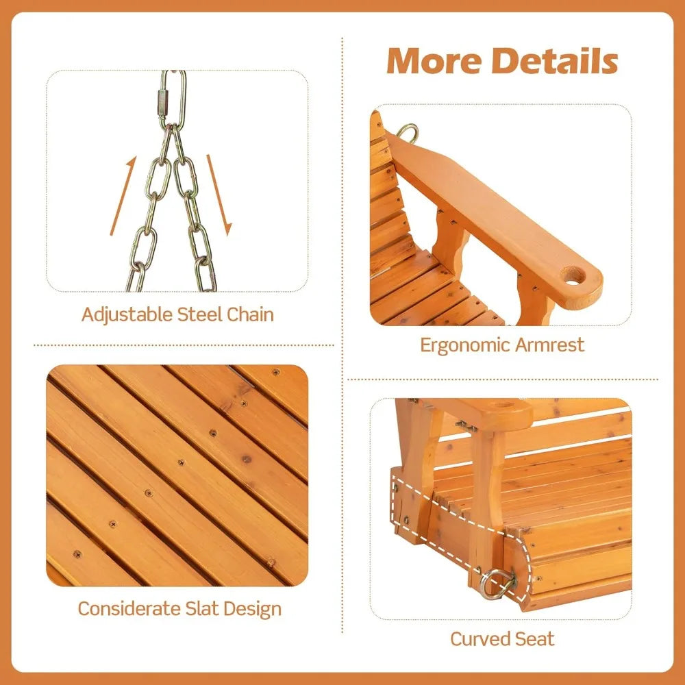 Wooden porch swing 2 seat - outdoor swinging chairs with hanging chains 600 lbs weight capacity 4 ft finished fir wood