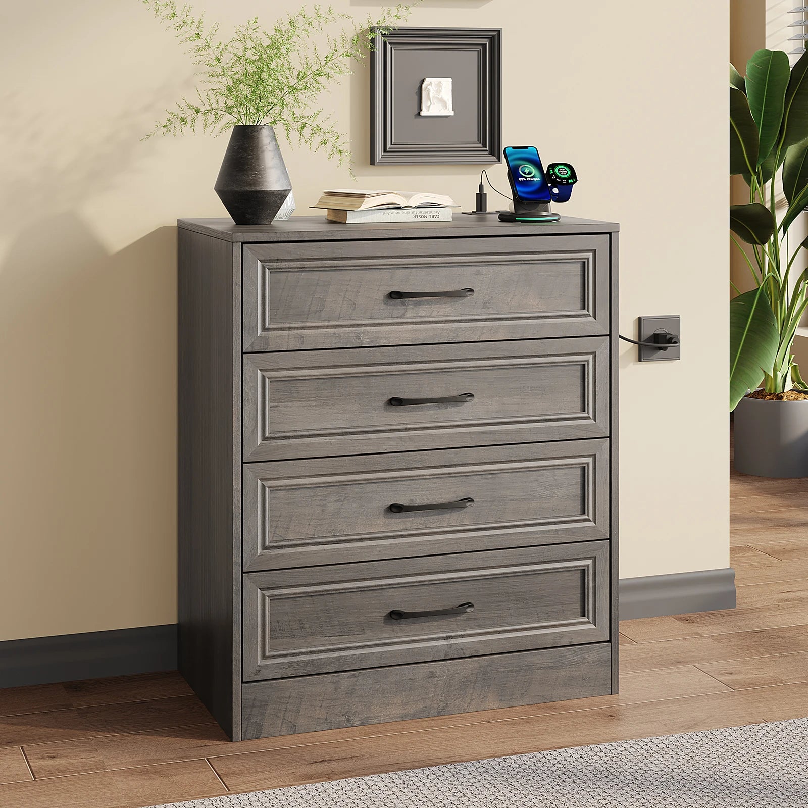 Vabches 4 drawer dresser for bedroom wood with power outlet&metal handles chest of drawers storage organizer hallway