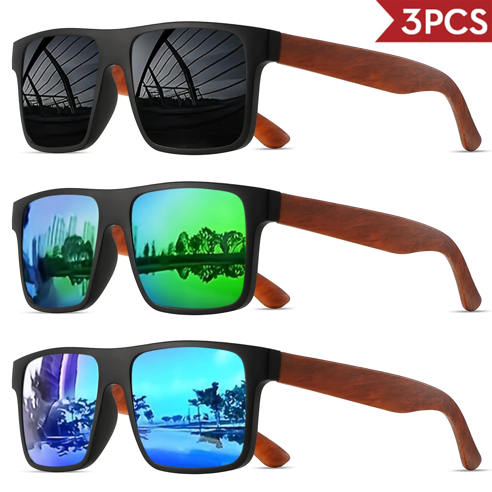 3pcs polarized retro square sunglasses - mahogany wood grain temples & spring hinges uv400 for driving/travel/outdoor