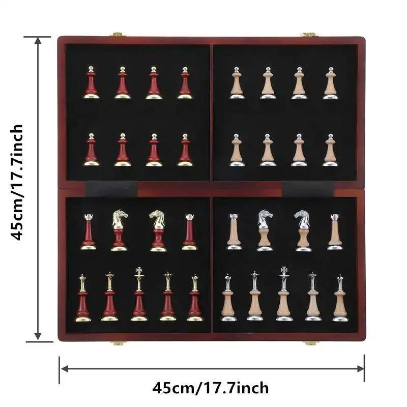 Extra-large chess 45cm/ 17.7-inch wooden folding chessboard high-end metal large zinc alloy + pieces gift - 1 set