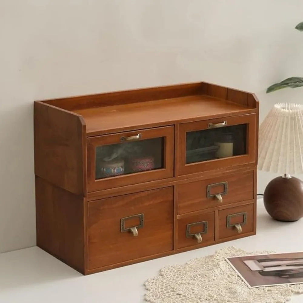 Desktop organizer with 6 drawers vintage desk storage acrylic door wood supplies for living room office - united states