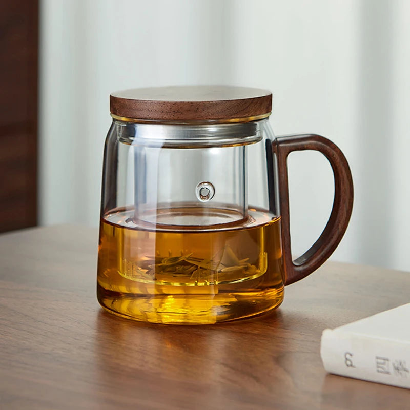Tea water separation glass cup with walnut wooden handle chinese heat resistant puer filter cups kung fu set - clear