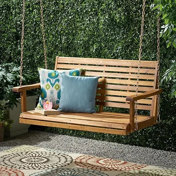 Wooden porch swing 2-seater classic slat design hanging chair with durable acacia frame water-resistant outdoor bench