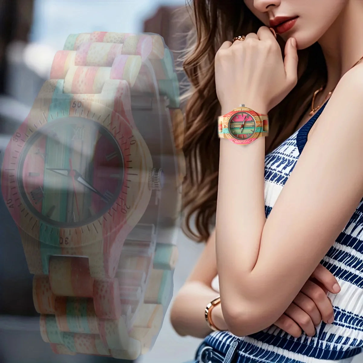 Women watch elegant colorful bamboo wooden watches fashionable color band clock quartz wood wristwatches woman gifts