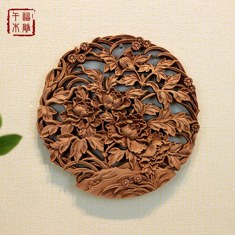 Chinese style wooden wall art camphor wood carving round floral bird decor for living room & bedroom decoration