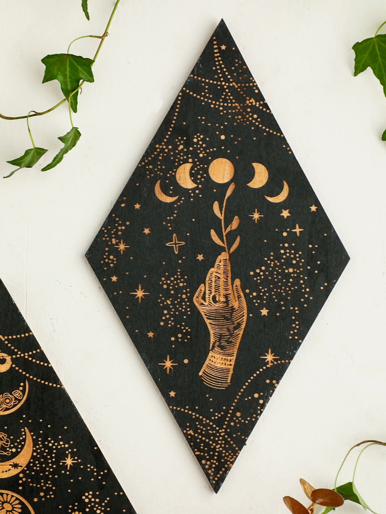 Black moon phase wooden wall decor rhomboid witch hanging art boho home decoration room decors aesthetic gift