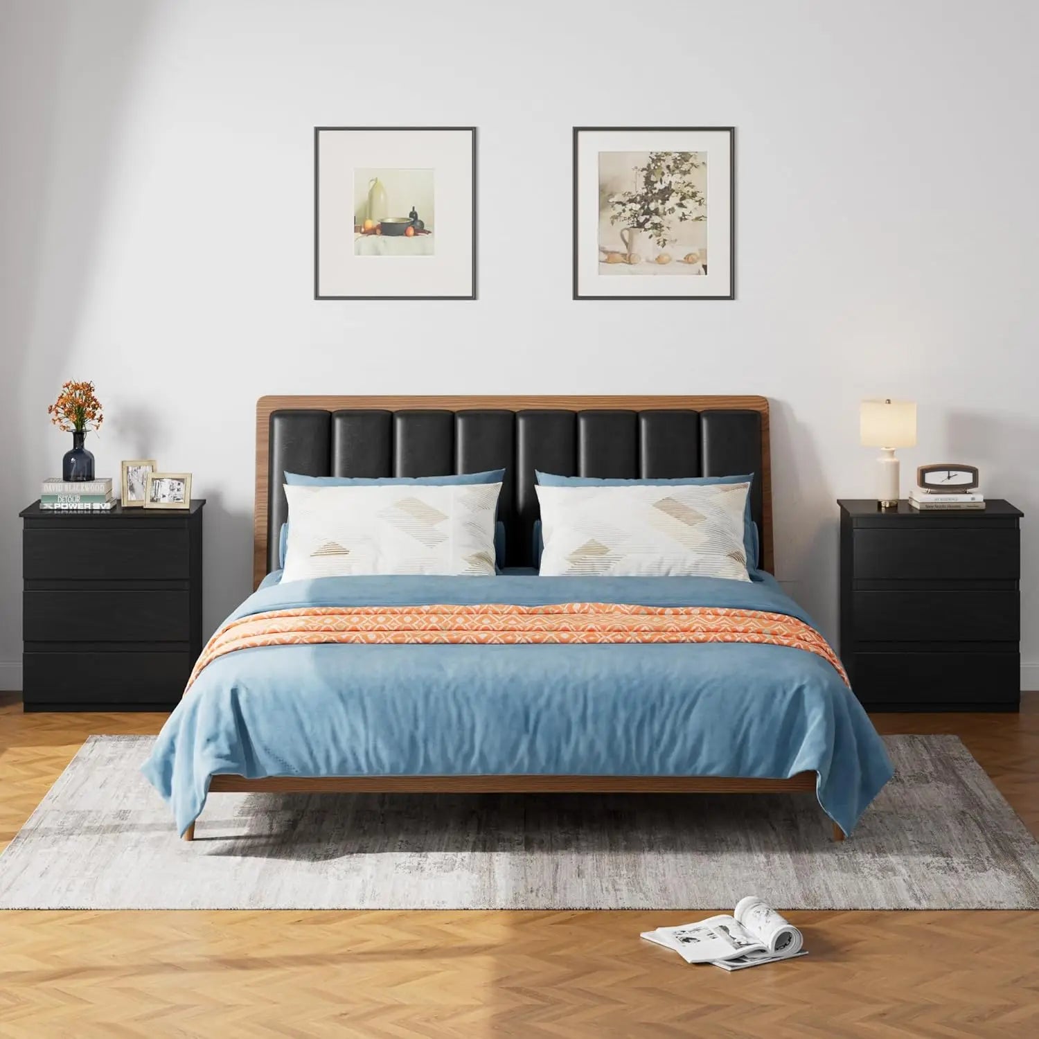 Black nightstand with 3 drawers beside table for bedroom small side storage cabinet drawer night stand fo